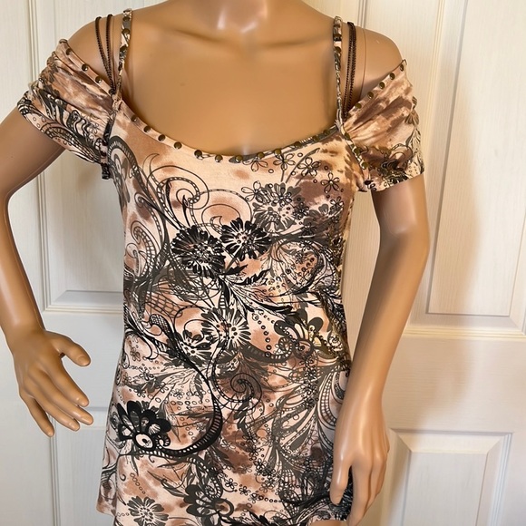 Boston Proper peach grey black sparkly studded &chains off the shoulder Shirt S - Picture 1 of 7